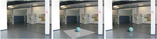 An in-shader differential rendering example. A sphere is rendered into a video background (left) using the AR view compositing method from , . Stand-in geometry (mid) is used to render the visual cues. The differential rendering method allows to blend the effects with the real background (right).